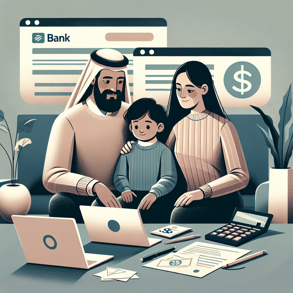 Moderne norsk bankrelatert illustrasjon: en rolig familie foran laptop som sammenligner lån, papirer, kalkulator og digital skjerm med banklogo, dempet fargepalett